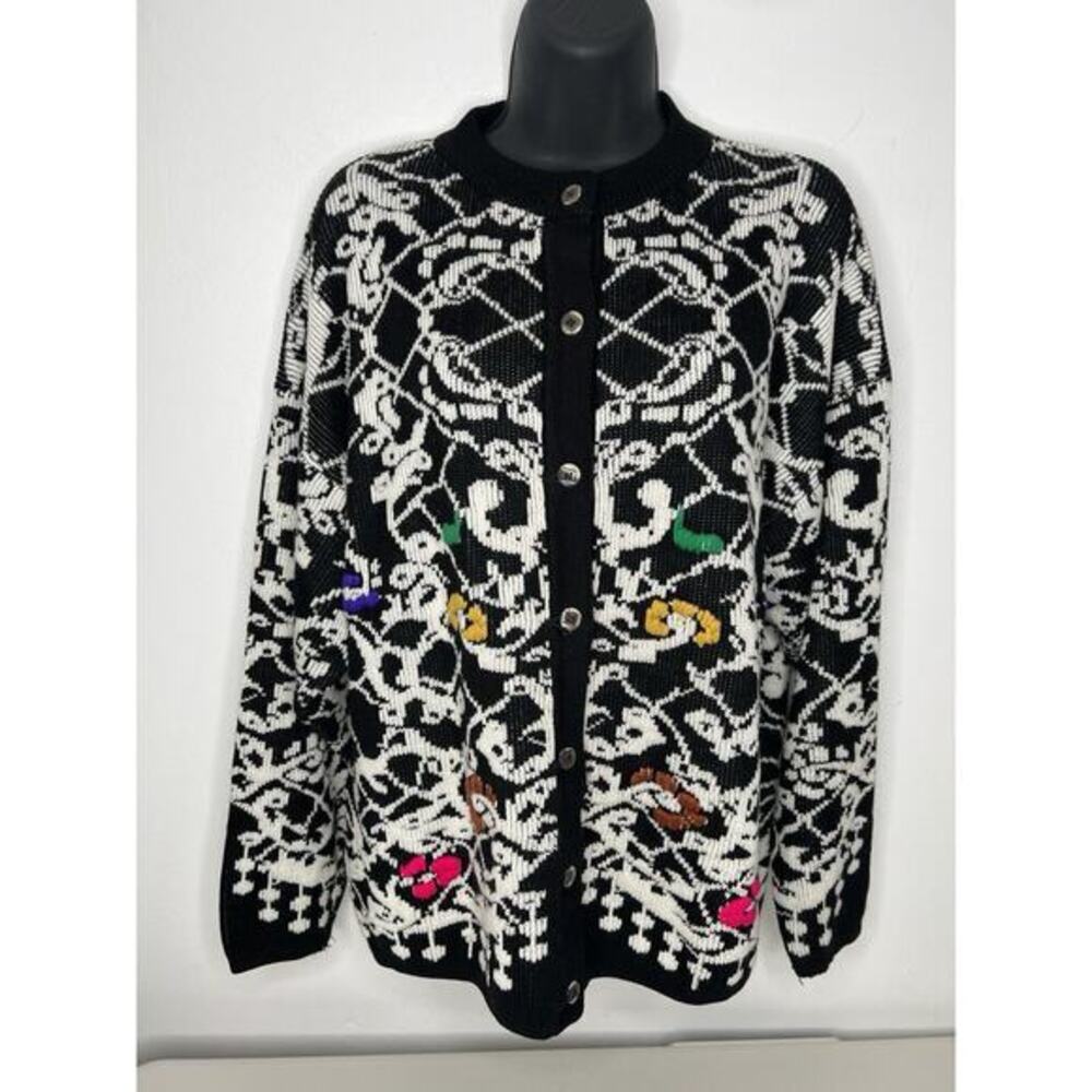 Vintage 80s Kitty Hawk by Vivian Wang Knit Multicolor Floral Cardigan Sweater XL